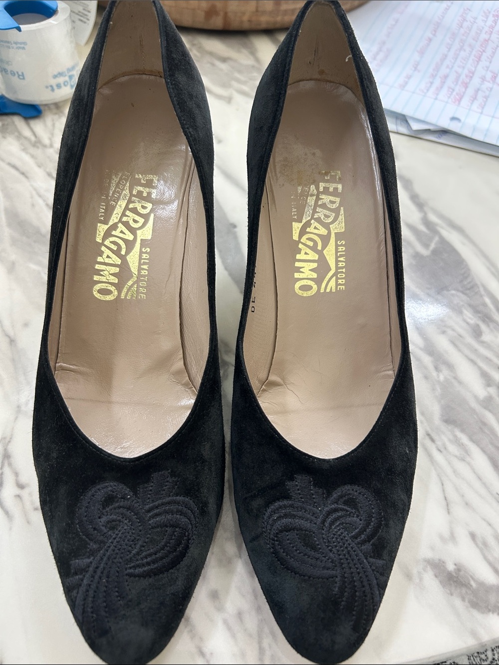Salvatore Ferragamo Black Suede Pointed Toe Pumps with Embroidered Detail